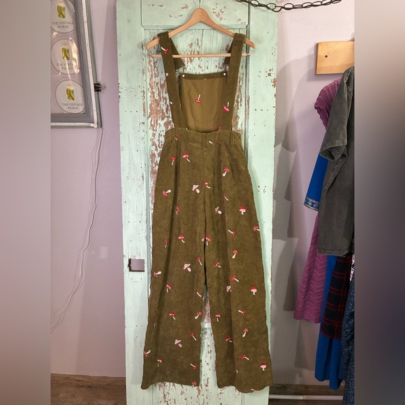 Women’s Cider Olive Corduroy Overalls with Red mushroom Embroidery - Picture 2 of 5